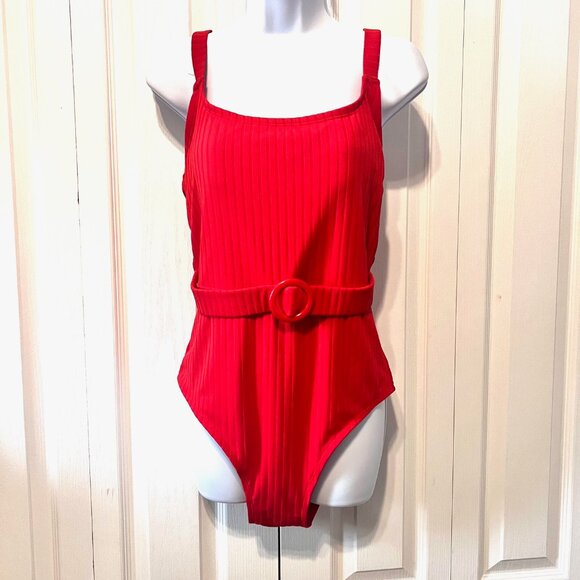 Shade & Shore Other - Shade & Shore Women's One Piece Red Ribbed Belted Front Swimsuit-X Large-Adjust